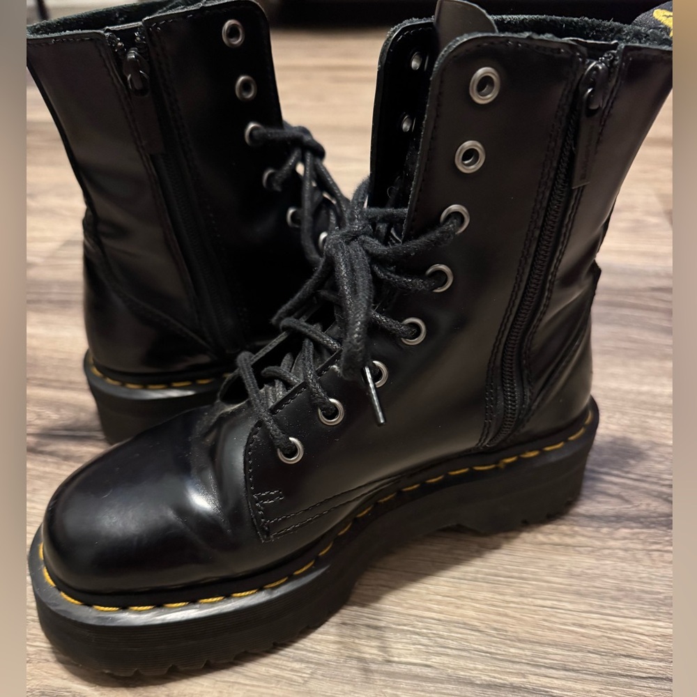 Dr. Martens Black Leather Combat Boots with Yellow Stitching